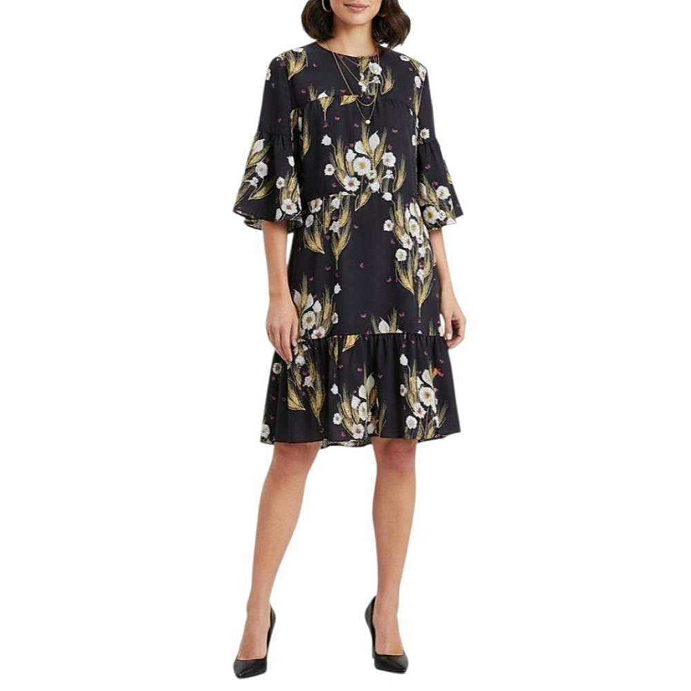 Borgo De Nor Alba Crepe Dress Black Floral Printed Ruffle Flounce Hem‎